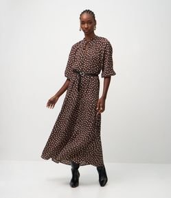 Vestido Midi Manga Longa com Estampa Poa