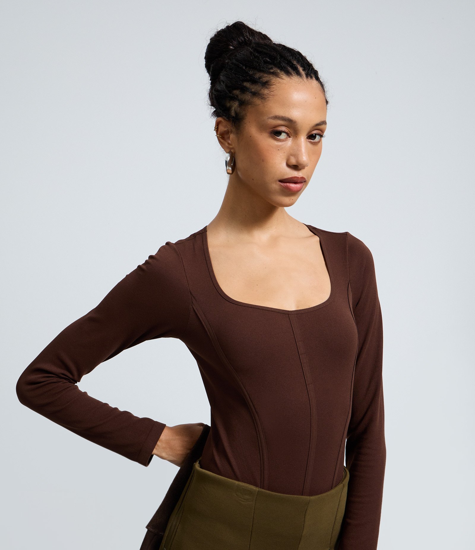 Body em Poliamida Seamless e Decote Quadrado Marrom 1