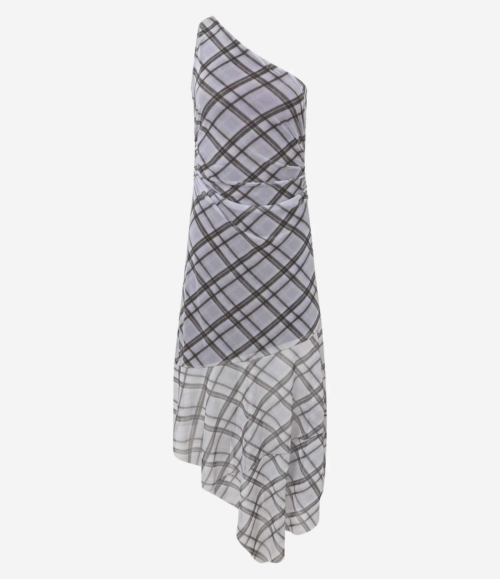 Vestido Ombro Único Assimétrico em Tule Xadrez Cinza 1