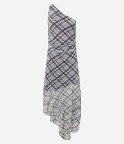 Vestido Ombro Único Assimétrico em Tule Xadrez