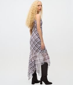 Vestido Ombro Único Assimétrico em Tule Xadrez