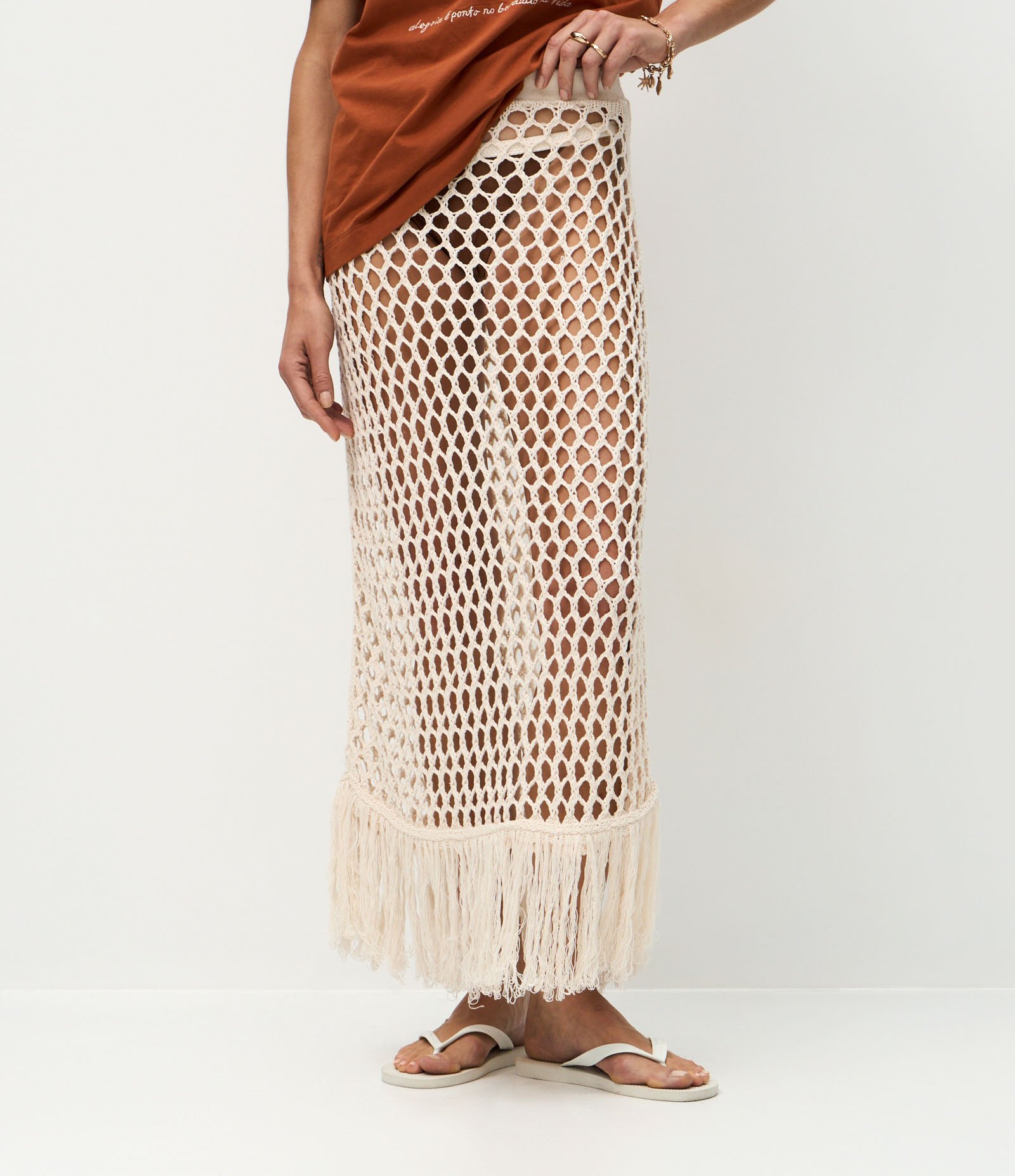 Saída de Praia Saia Longa com Ponto Rede Off White 3