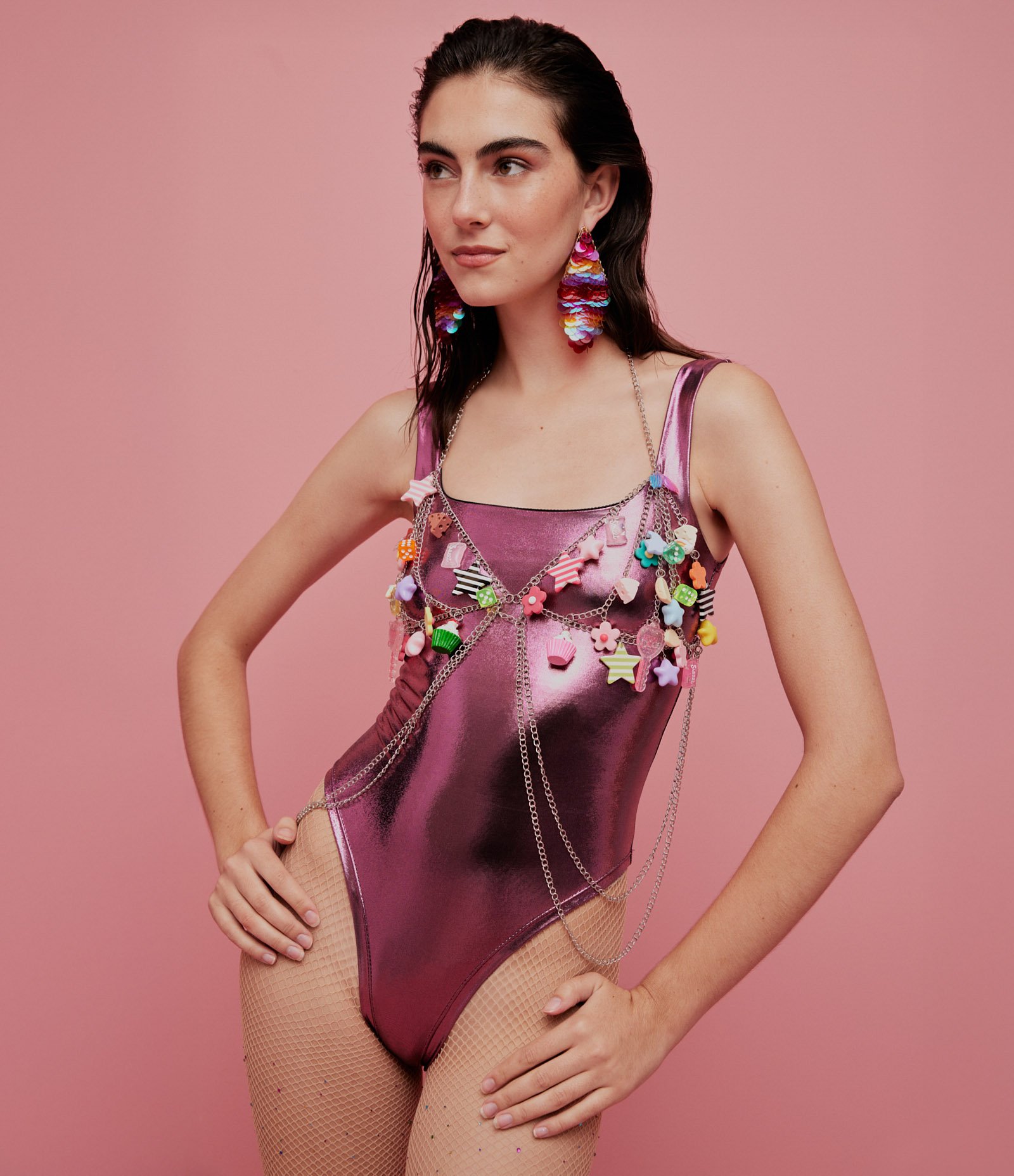 Body Ajustado em Flamê com Metalizado Holográfico Rosa 2