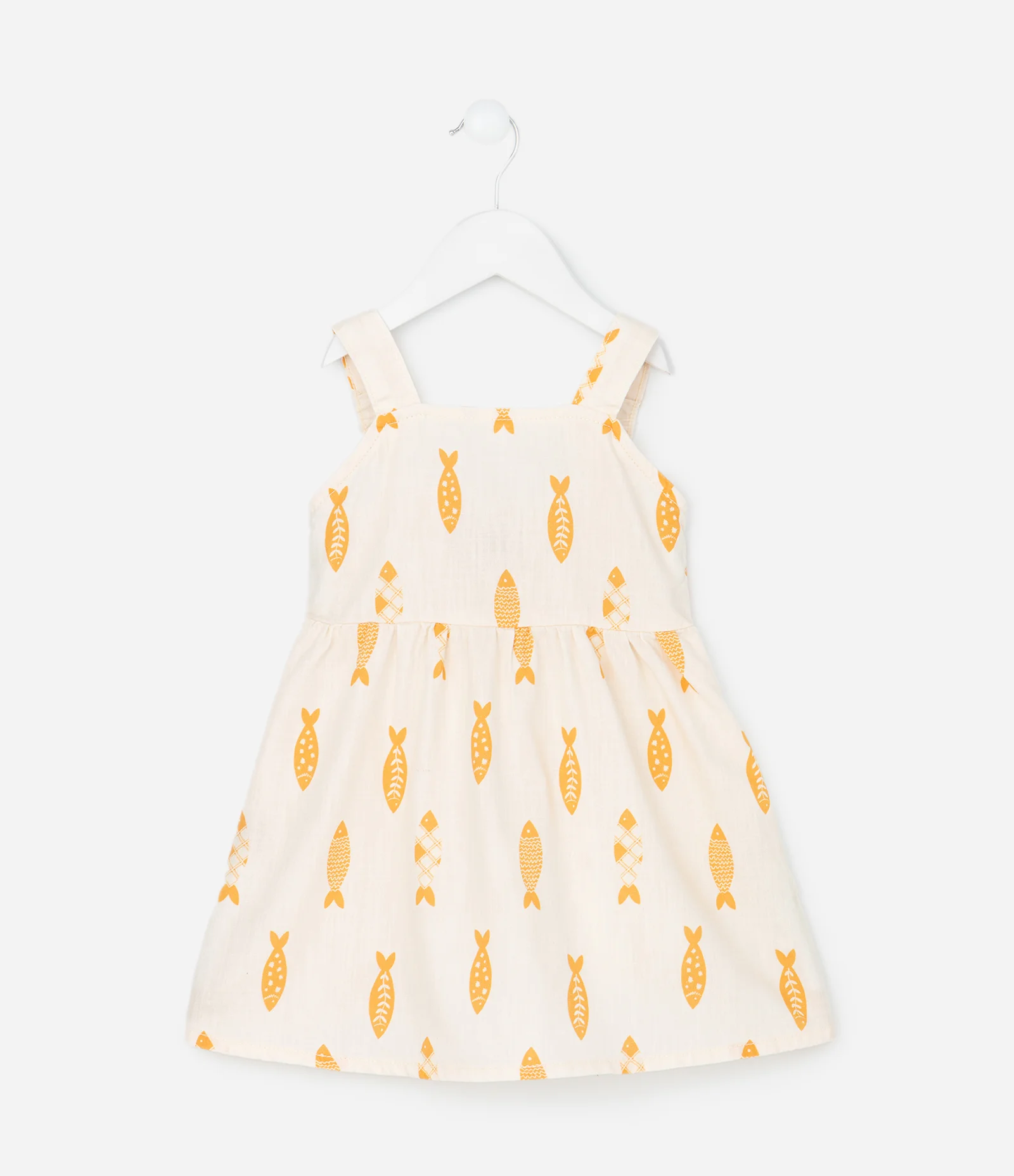 Vestido Infantil em Sarja Estampa Peixinhos - Tam 1 a 6 anos Off White 1
