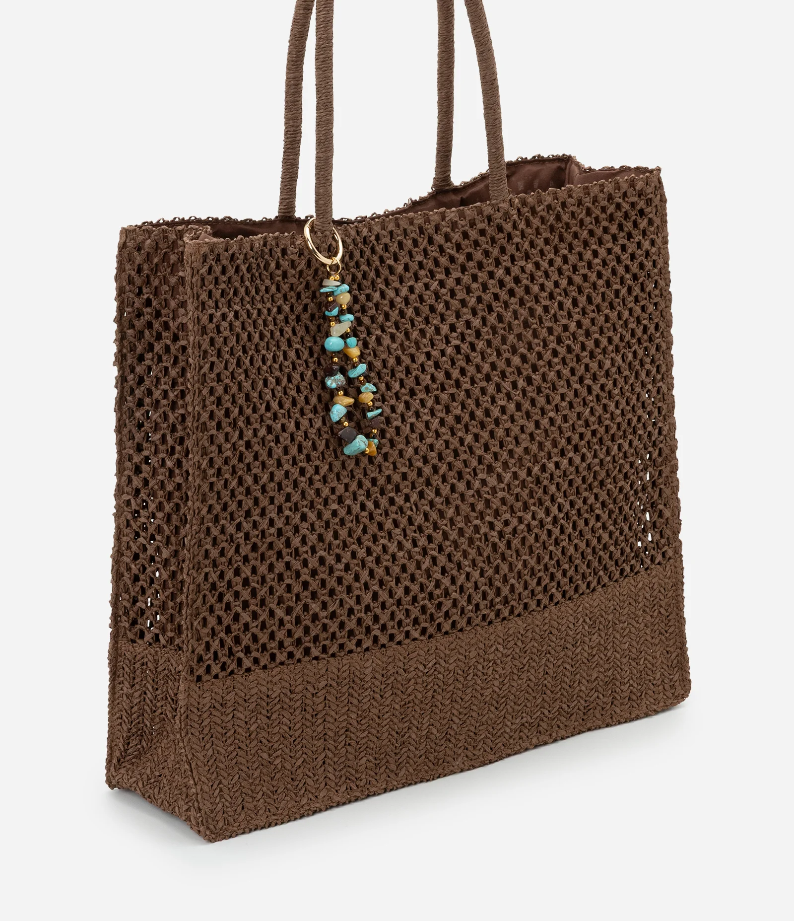 Bolsa em Papel com Textura de Palha e Bag Charm Marrom 1