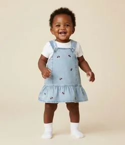 Salopete Infantil em Jeans com Bordados de Cerejas – Tam 3 a 18 Meses