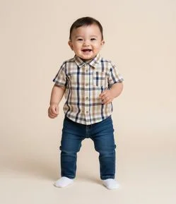 Camisa Bebê em Tricoline Xadrez com Bolso – Tam 0 a 24 Meses