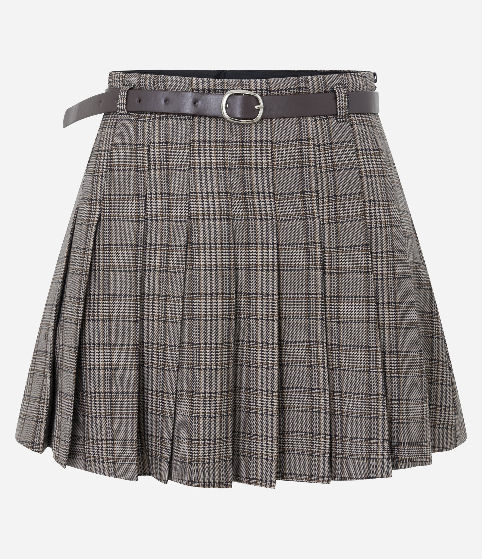 Short Saia Plissado de Alfaiataria com Cinto Ajustável Marrom 1