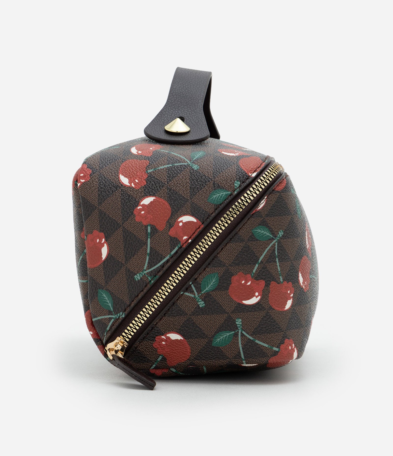 Nécessaire Baú com Alça de Mão e Estampa de Cerejas Marrom 2