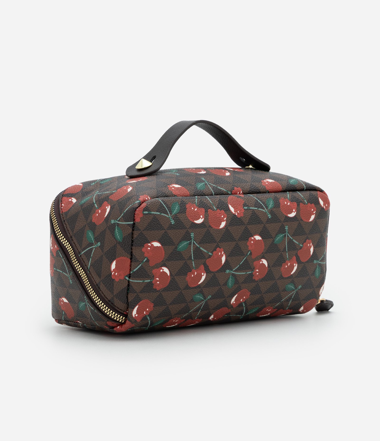 Nécessaire Baú com Alça de Mão e Estampa de Cerejas Marrom 3