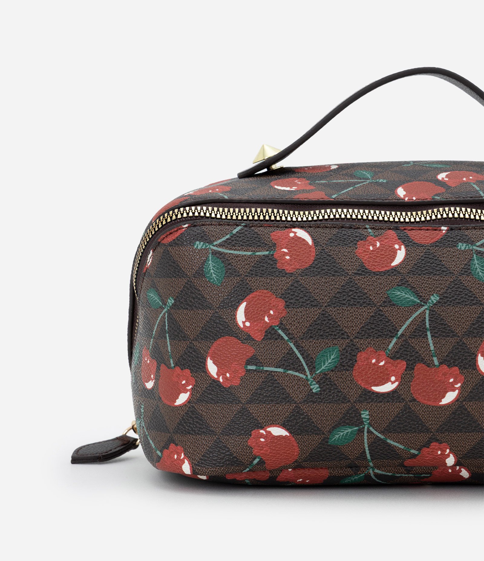 Nécessaire Baú com Alça de Mão e Estampa de Cerejas Marrom 4