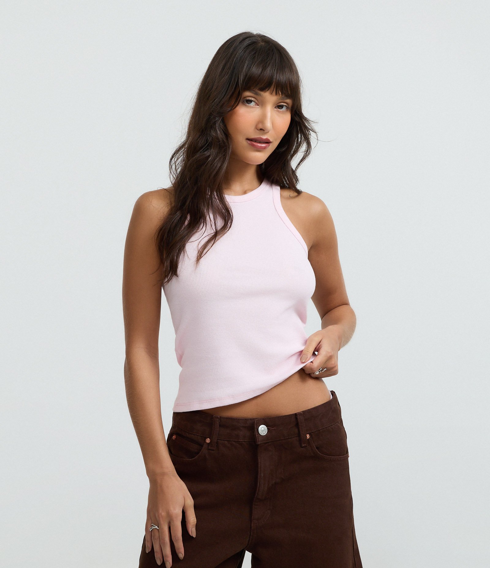 Blusa Regata Básica em Ribana com Leve Textura Rosa Claro 1