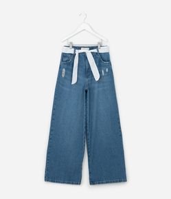 Calça Infantil Wide Leg em Jeans com Cinto - Tam 5 A 14 Anos