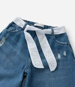 Calça Infantil Wide Leg em Jeans com Cinto - Tam 5 A 14 Anos