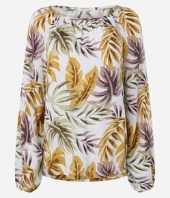 Blusa em Viscose com Manga Bufante e Estampa de Folhagens