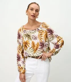 Blusa em Viscose com Manga Bufante e Estampa de Folhagens