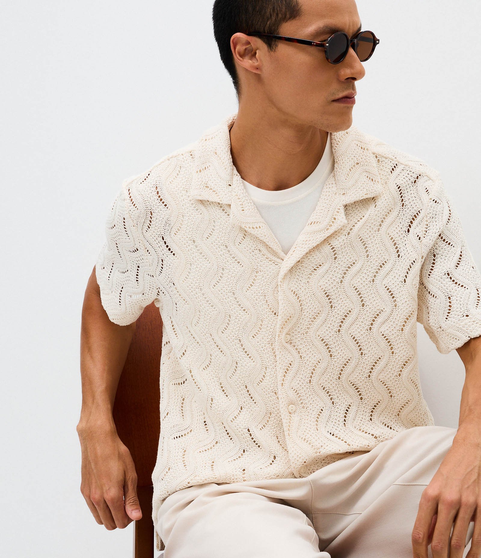 Camisa  Manga Curta Renda Texturizada Off White 1