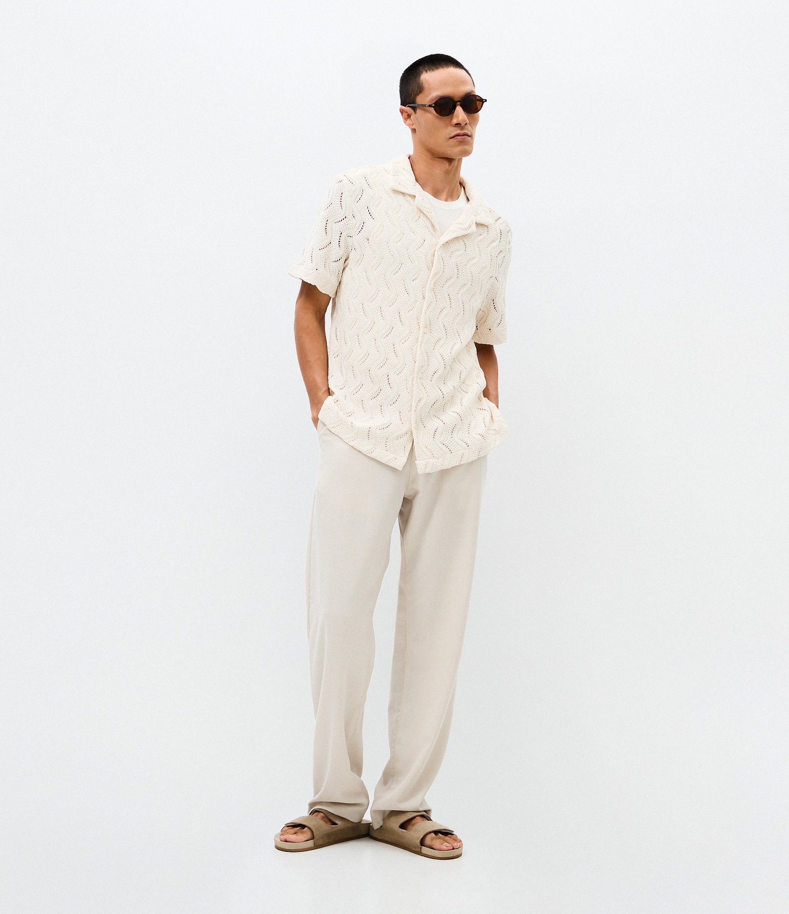 Camisa  Manga Curta Renda Texturizada Off White 2