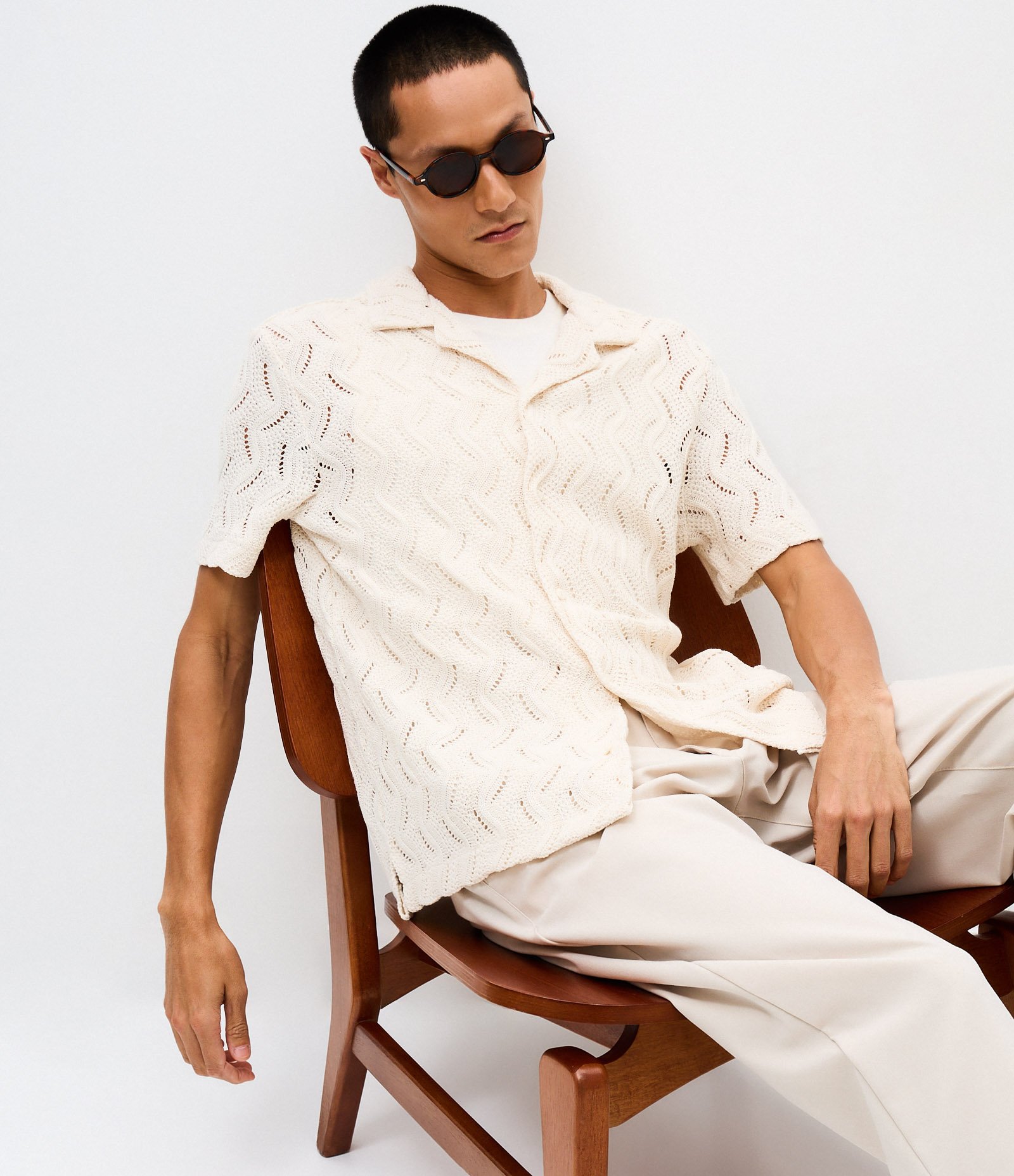Camisa  Manga Curta Renda Texturizada Off White 3