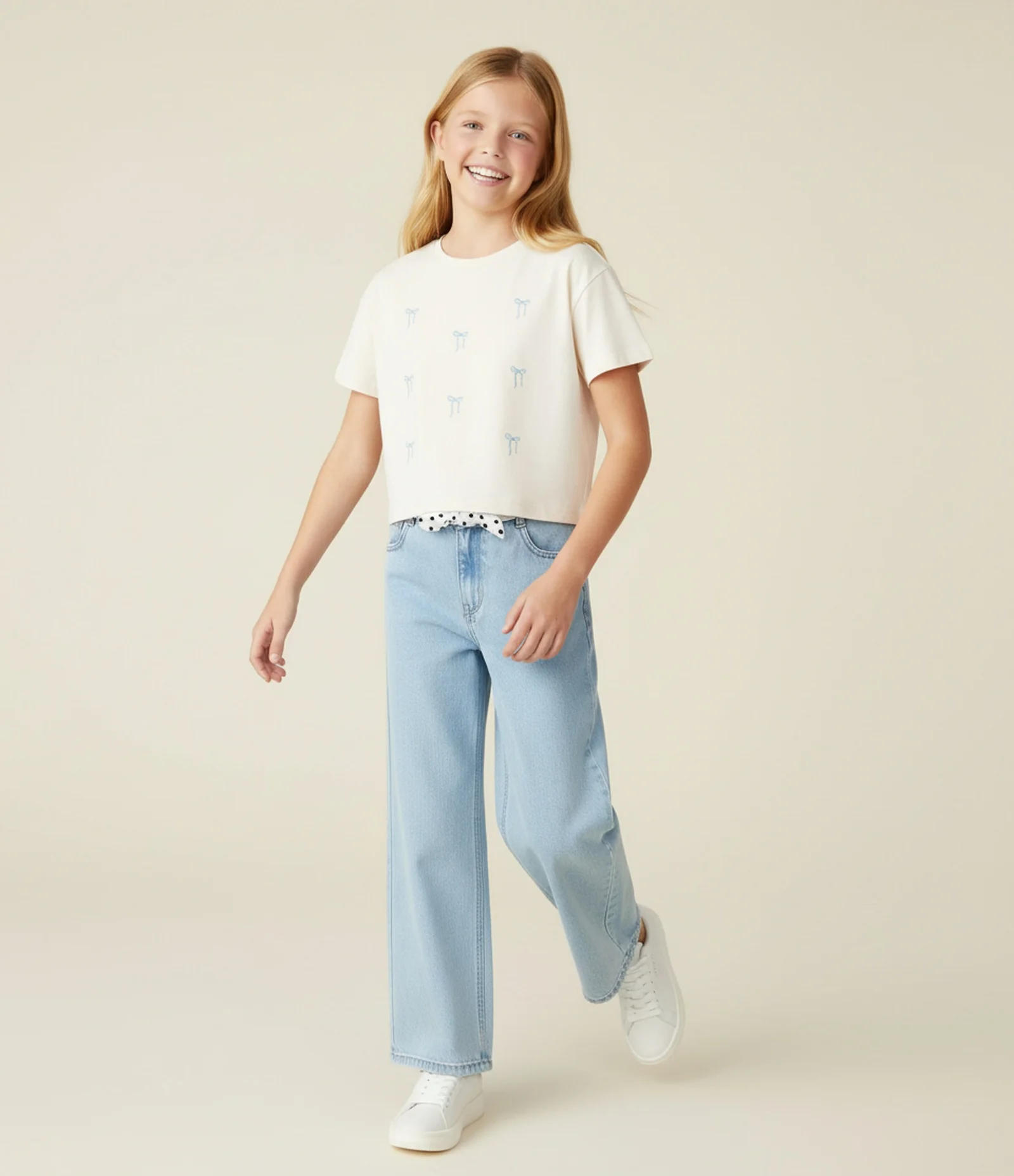 Calça Infantil Wide Leg em Jeans com Cinto de Poá – Tam 5 a 14 Azul Claro 1