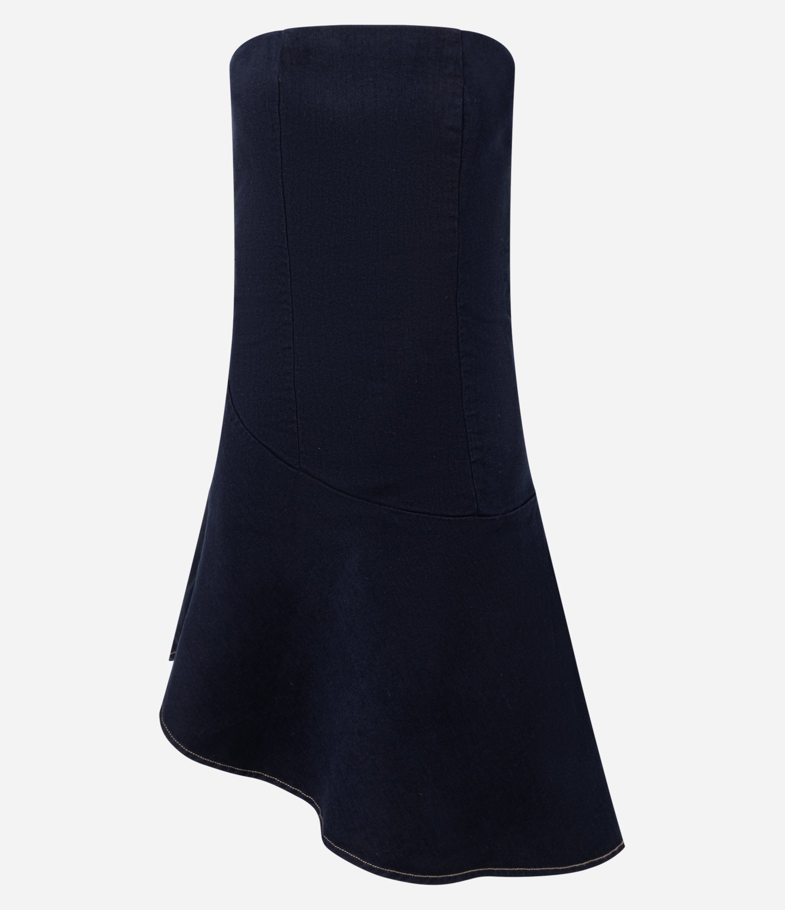 Vestido Curto em Jeans com Decote Tomara que Caia e Barra Assimétrica Azul Marinho 1