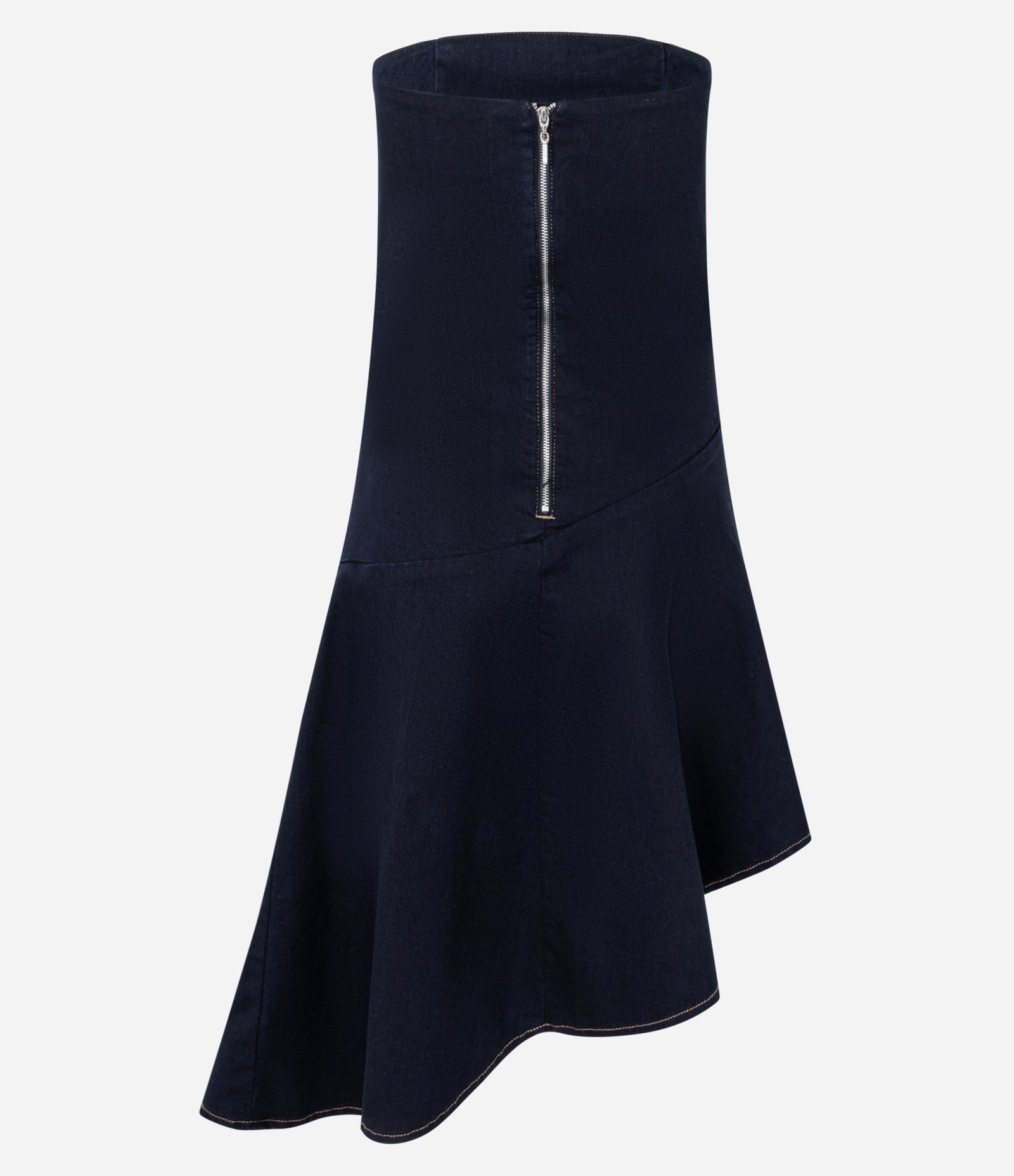 Vestido Curto em Jeans com Decote Tomara que Caia e Barra Assimétrica Azul Marinho 2