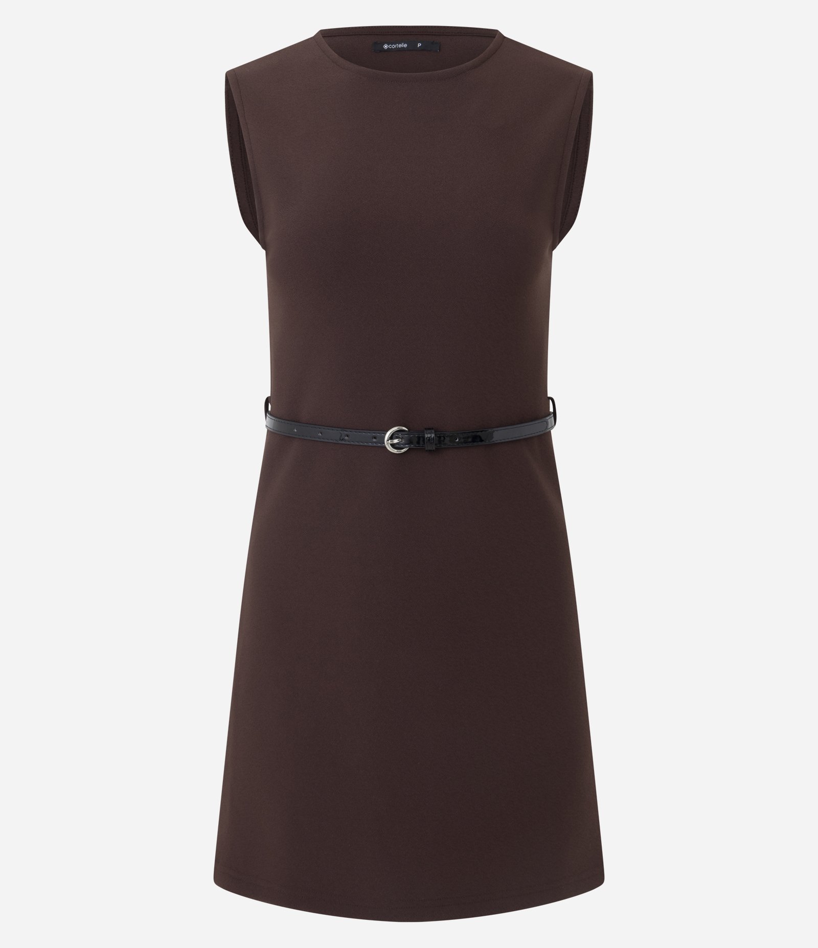 Vestido Evasê Curto em Crepe com Cinto Fino Marrom 1