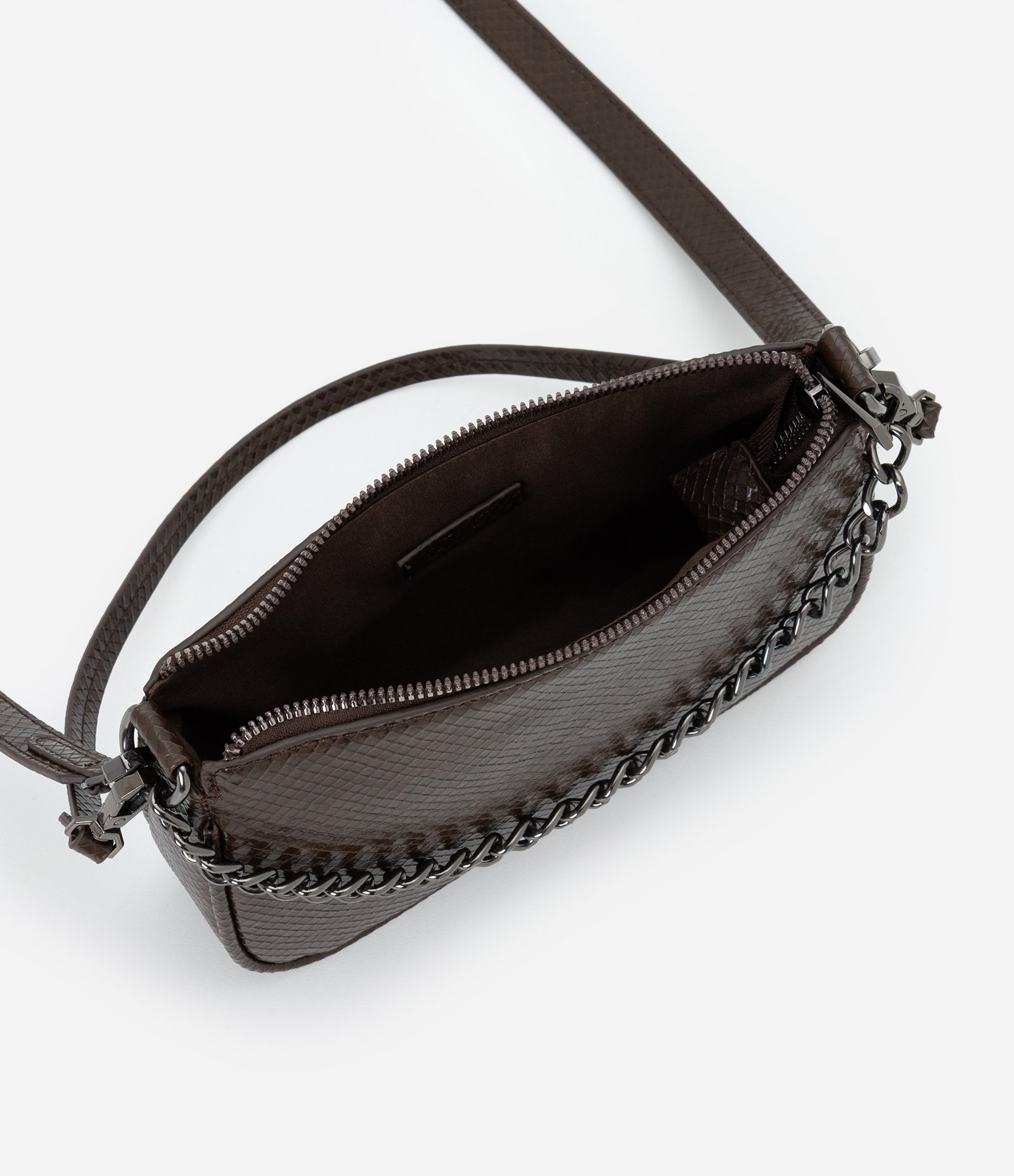 Bolsa Baguete Transversal Pequena com Alça de Corrente Marrom 6