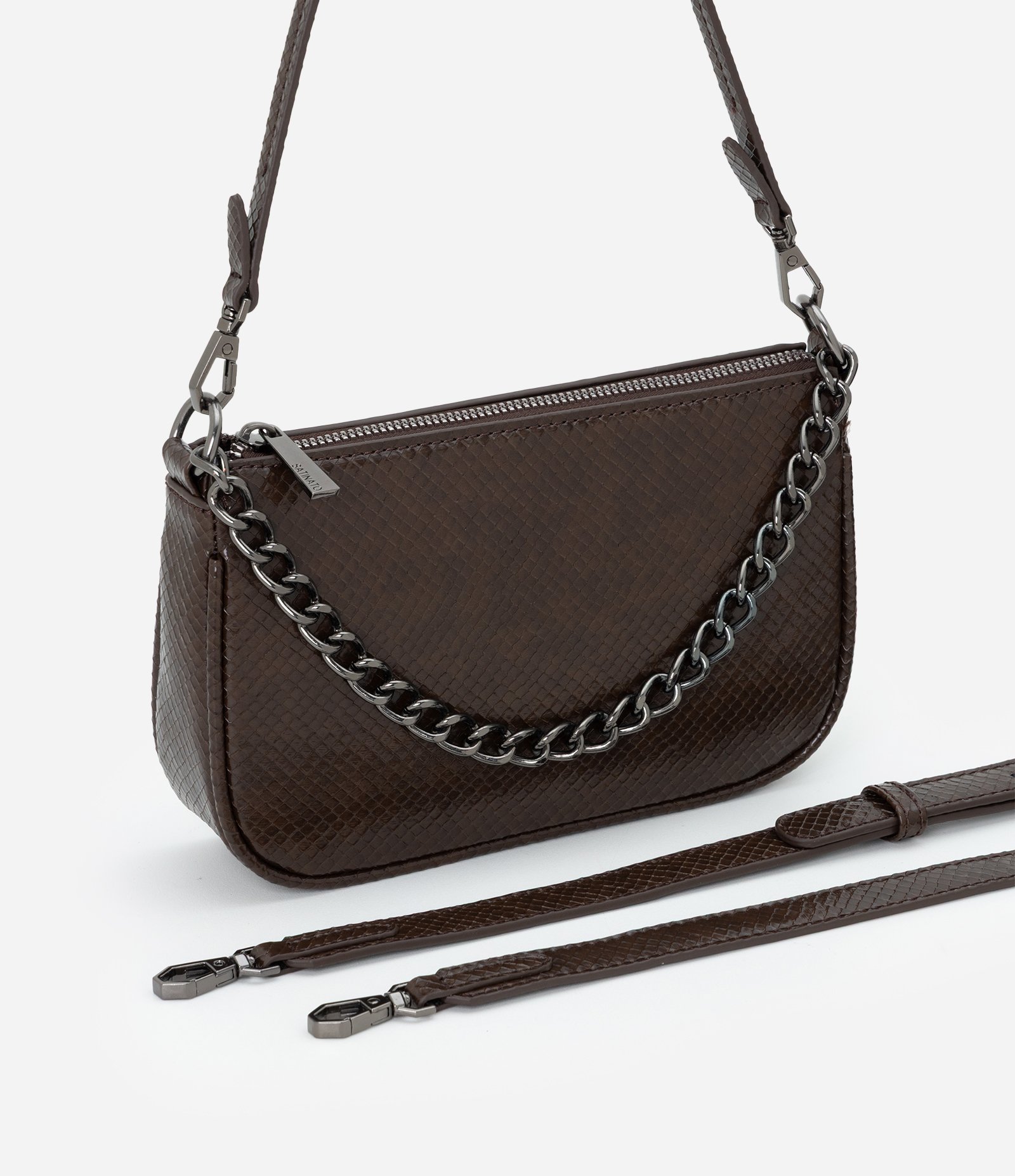 Bolsa Baguete Transversal Pequena com Alça de Corrente Marrom 7