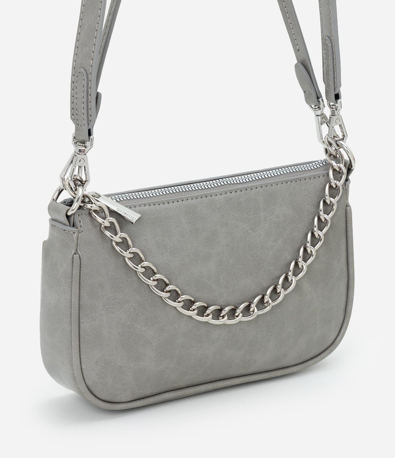 Bolsa Baguete Pequena com Alça de Corrente Cinza 1