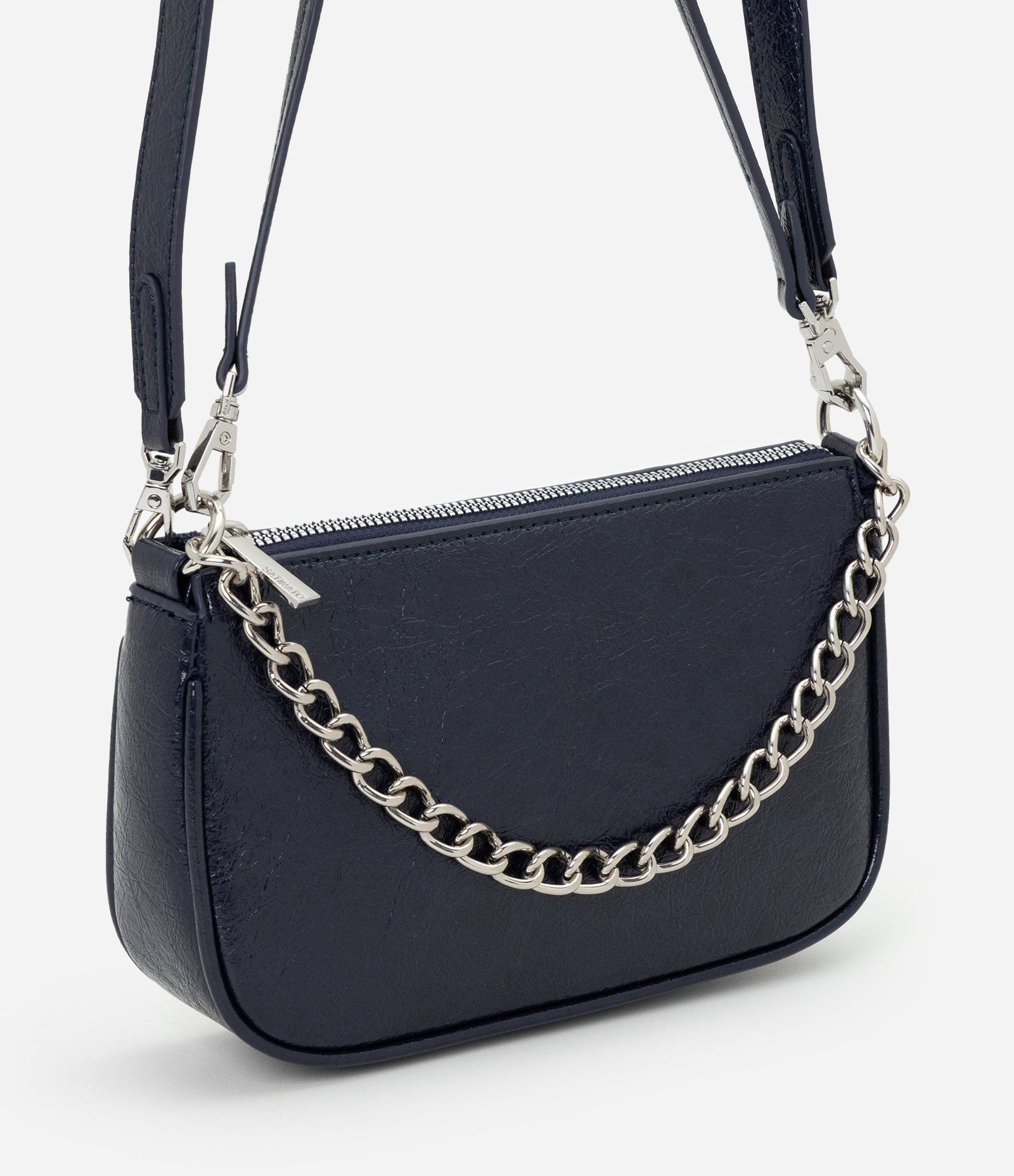 Bolsa Baguete Pequena com Alça de Corrente Azul Escuro 1