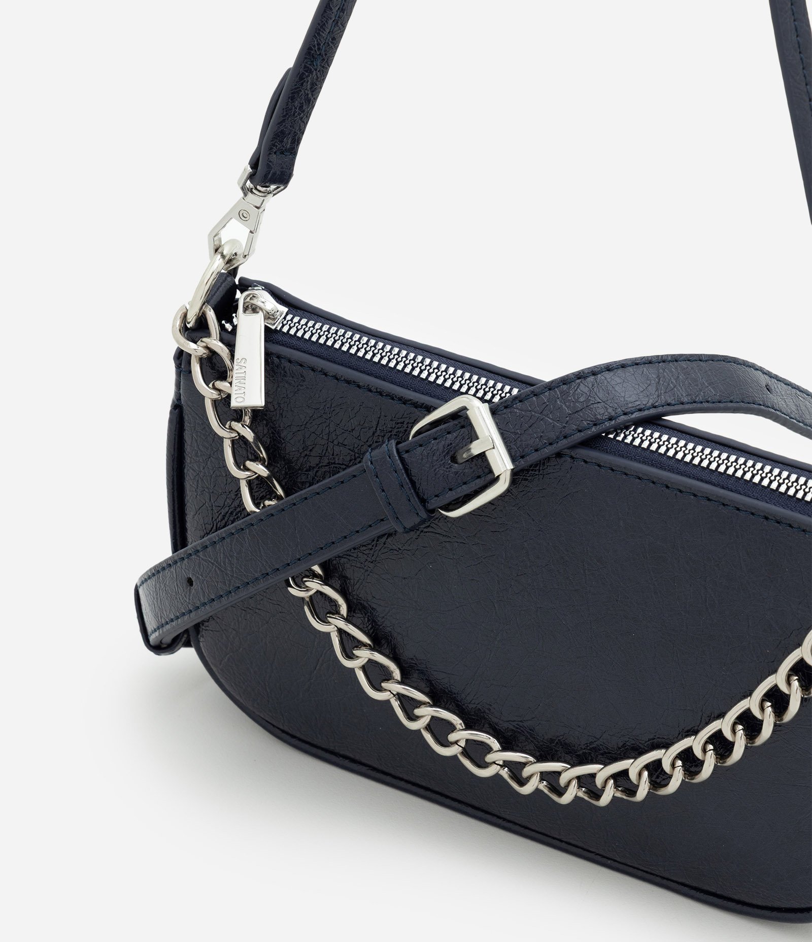 Bolsa Baguete Pequena com Alça de Corrente Azul Escuro 6