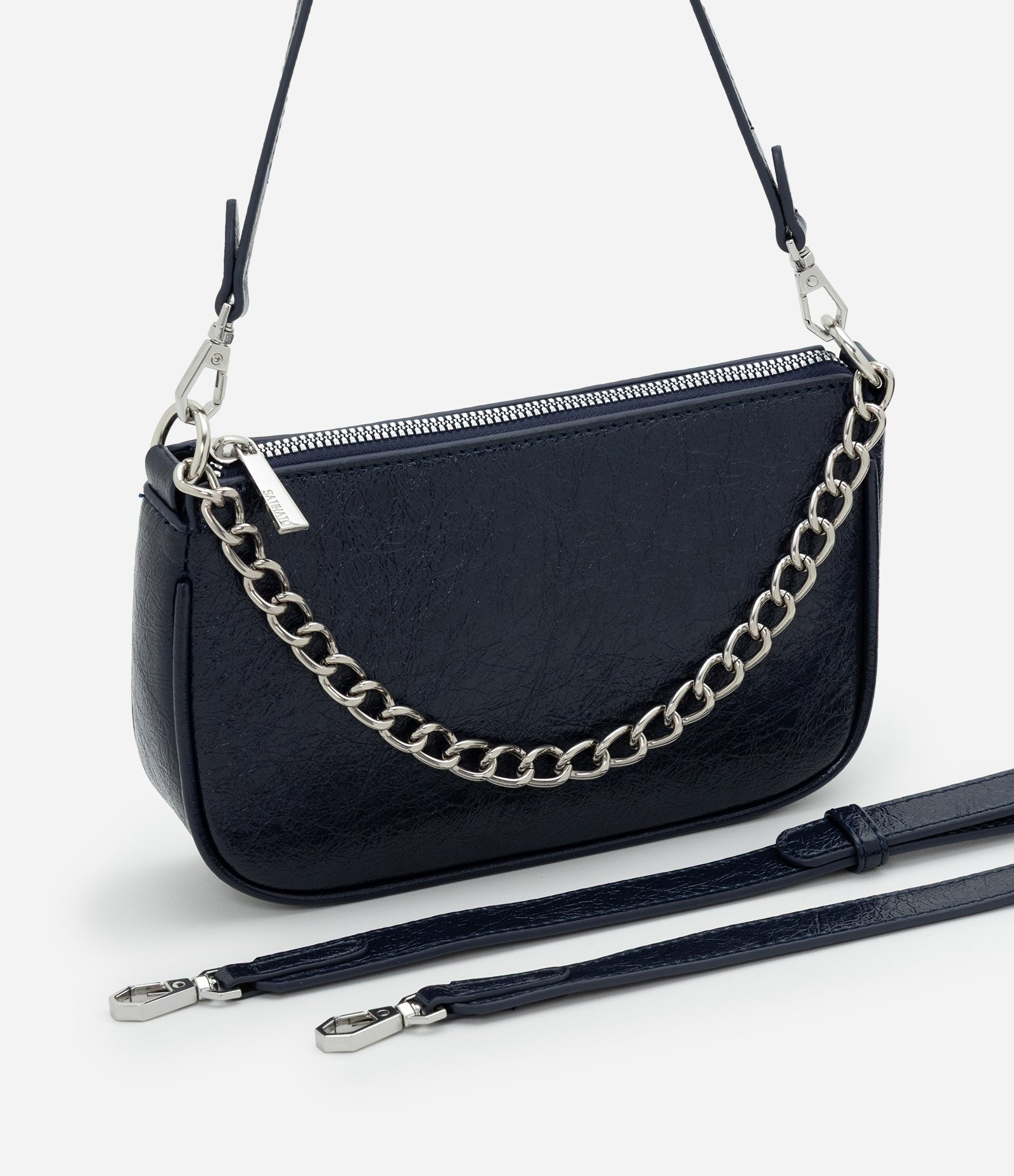 Bolsa Baguete Pequena com Alça de Corrente Azul Escuro 7