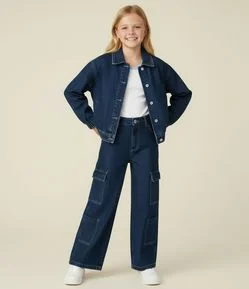 Calça Infantil Wide Leg em Jeans com Bolsos Cargo – Tam 5 a 14 Anos
