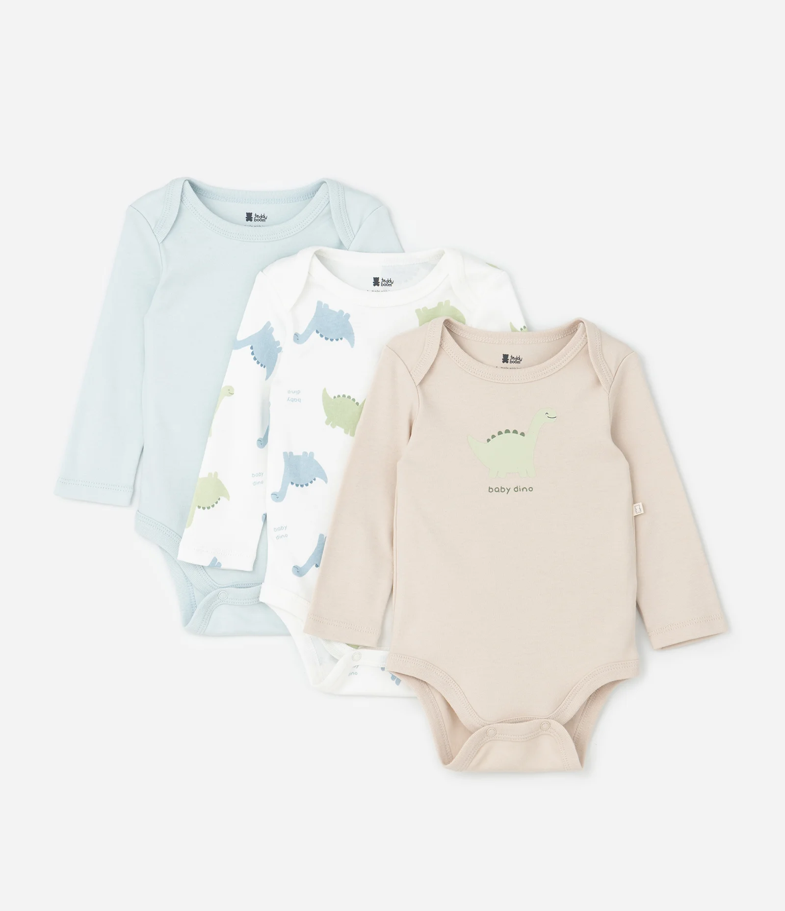 Kit 03 Bodies Bebê com Estampa de Dinossauro – Tam RN a 18 Meses Azul/Branco/Bege 1
