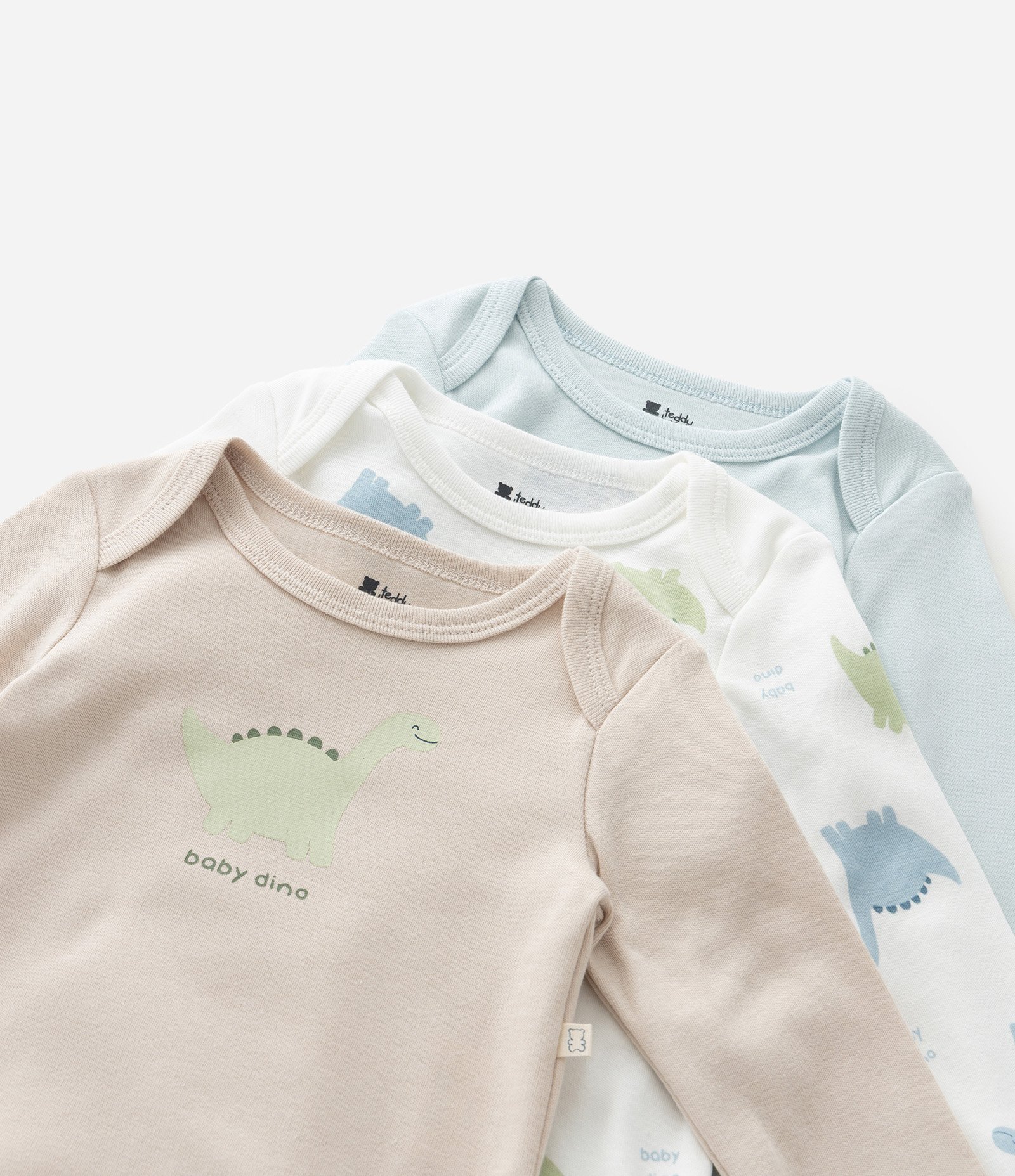 Kit 03 Bodies Bebê com Estampa de Dinossauro – Tam RN a 18 Meses Azul/Branco/Bege 7