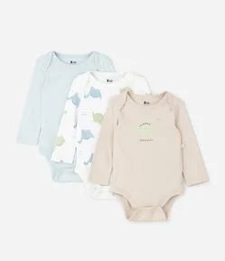 Kit 03 Bodies Bebê com Estampa de Dinossauro – Tam RN a 18 Meses