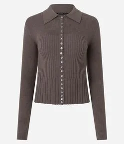 Blusa Regular em Tricô com Mini Botões e Gola Polo
