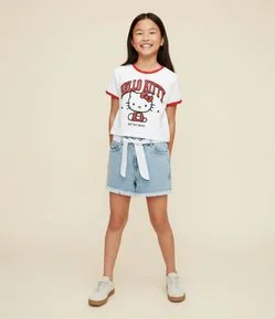 Short Jeans Infantil com Cinto de Broderie - Tam 5 a 14 Anos