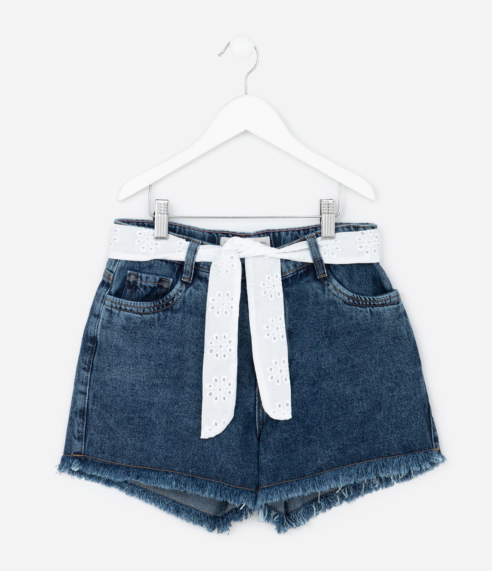 Short Jeans Infantil com Cinto de Broderie - Tam 5 a 10 Anos Azul 1
