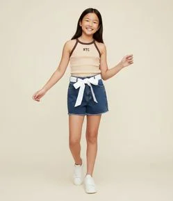 Short Jeans Infantil com Cinto de Broderie - Tam 5 a 10 Anos