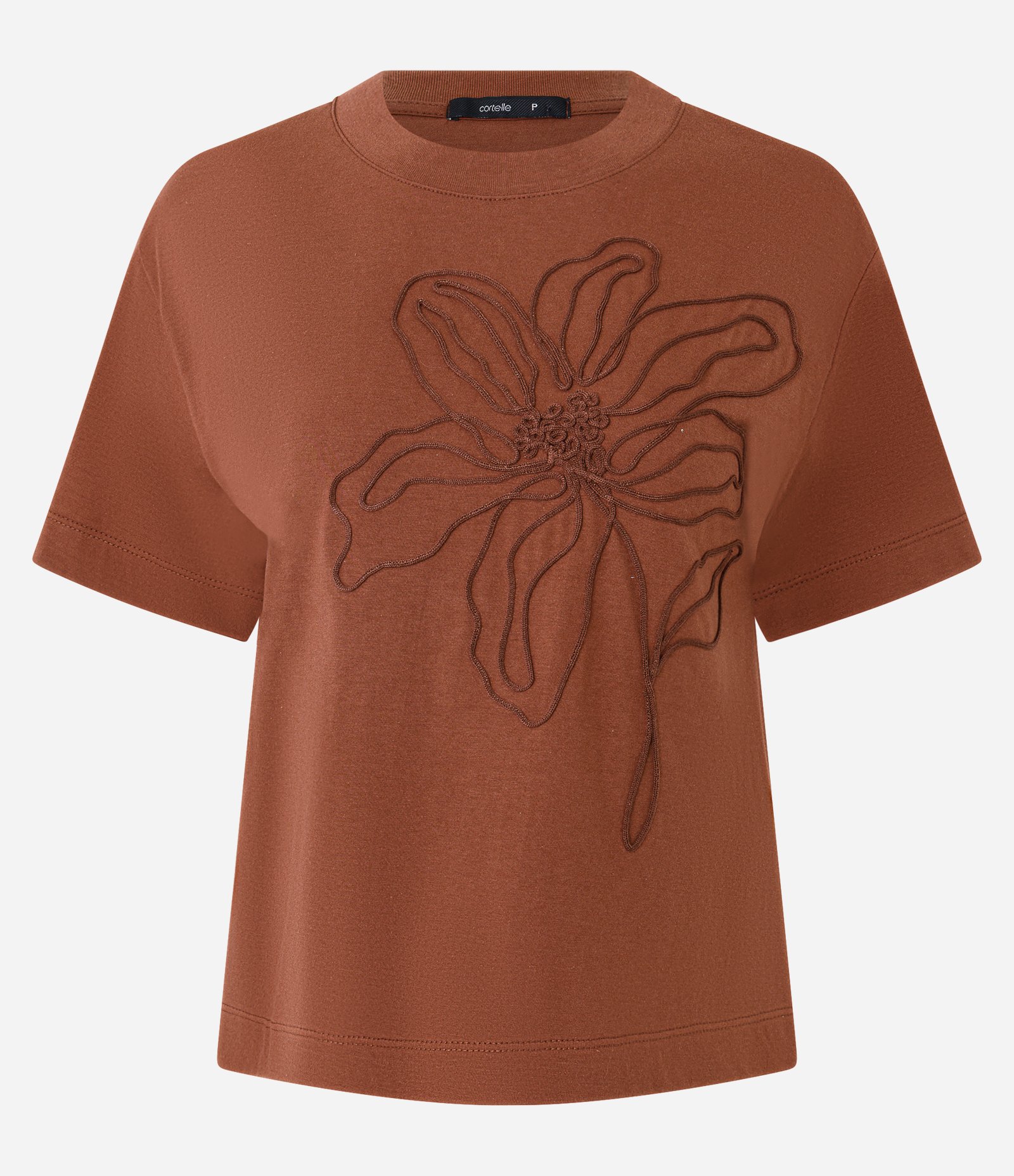 Camiseta Manga Curta com Bordado Floral Marrom 5