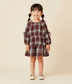 Vestido Infantil Em Tricoline Xadrez Com Laços – Tam 1 A 6 Anos