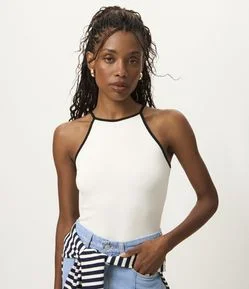 Body em Ribana com Decote Alto e Viés Contrastante