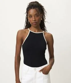 Body em Ribana com Decote Alto e Viés Contrastante