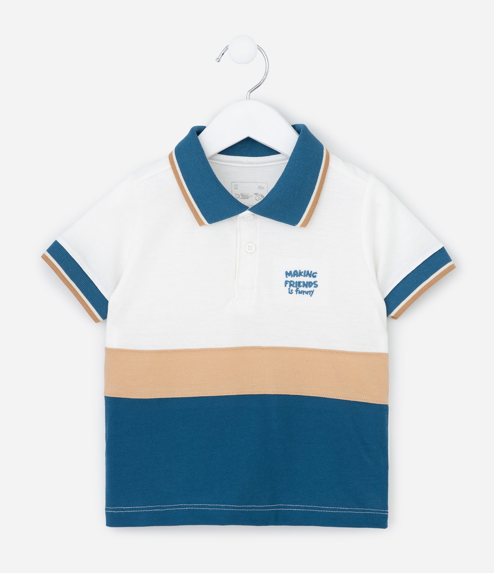 Camiseta Infantil em Piquet com Gola Polo e Bordado – Tam 1 a 5/6 Anos Branco/Azul/Bege 1