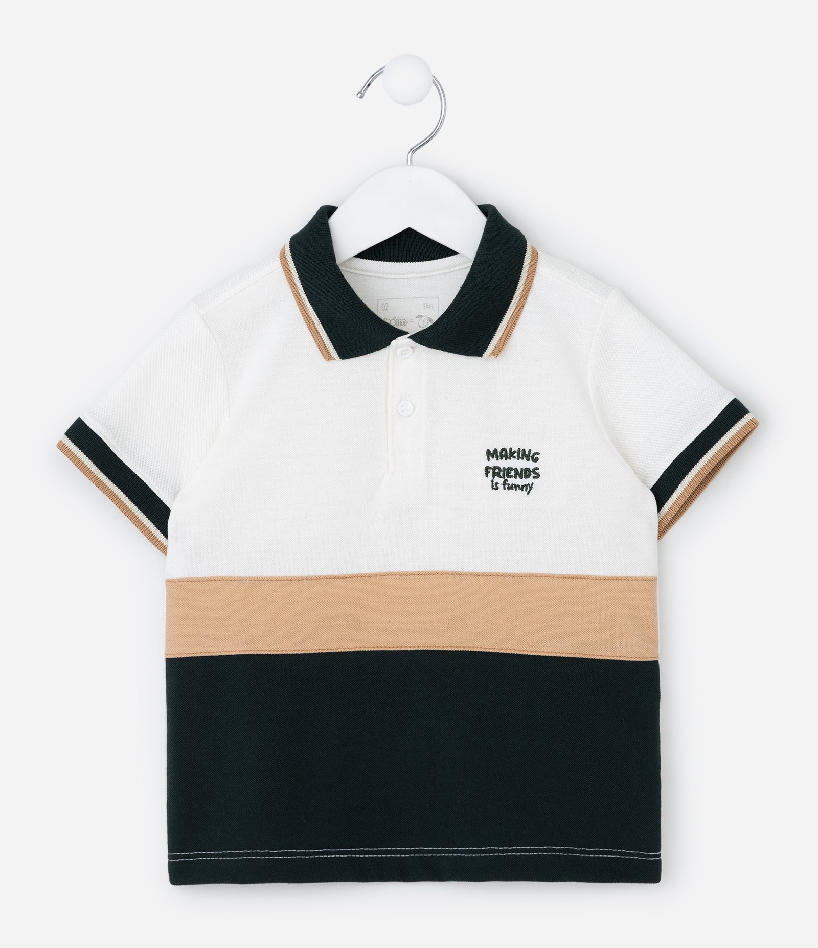 Camiseta Infantil em Piquet com Gola Polo e Bordado – Tam 1 a 5/6 Anos Branco/Bege/Preto 1