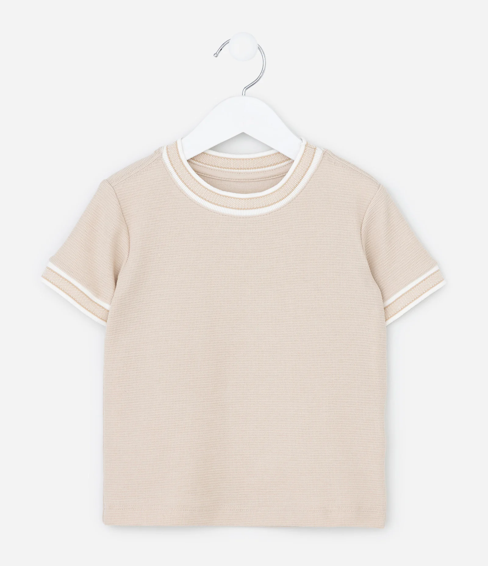 Camiseta Infantil com Gola e Mangas em Ribana – Tam 1 a 5/6 Bege Claro 1