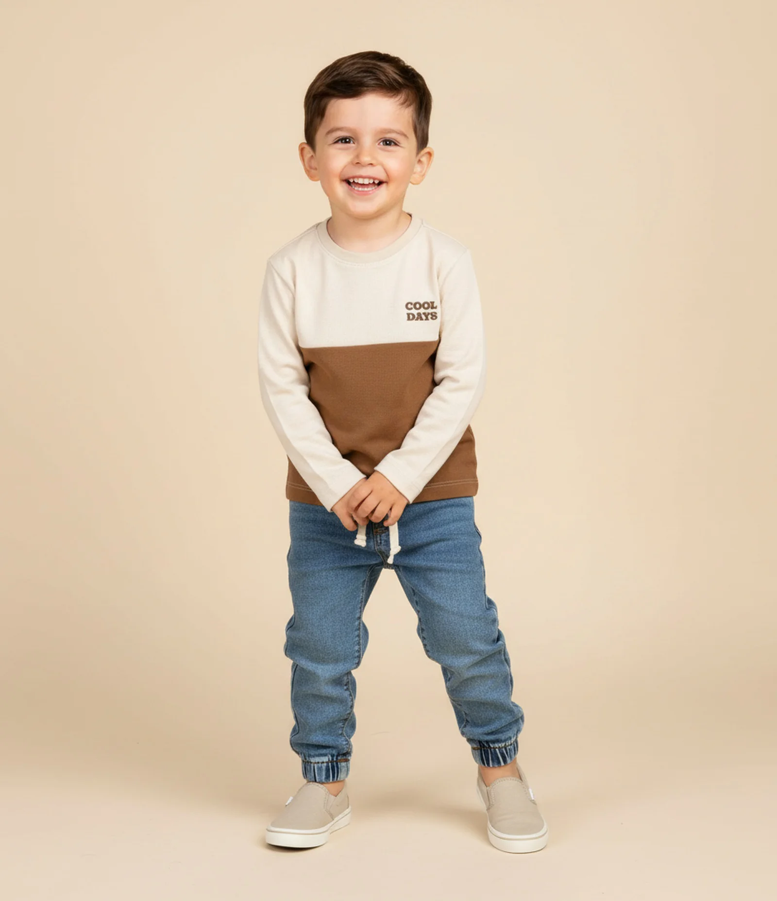 Camiseta Infantil em Piquet com Recortes - Tam 1 a 6 Anos Bege/Marrom 1