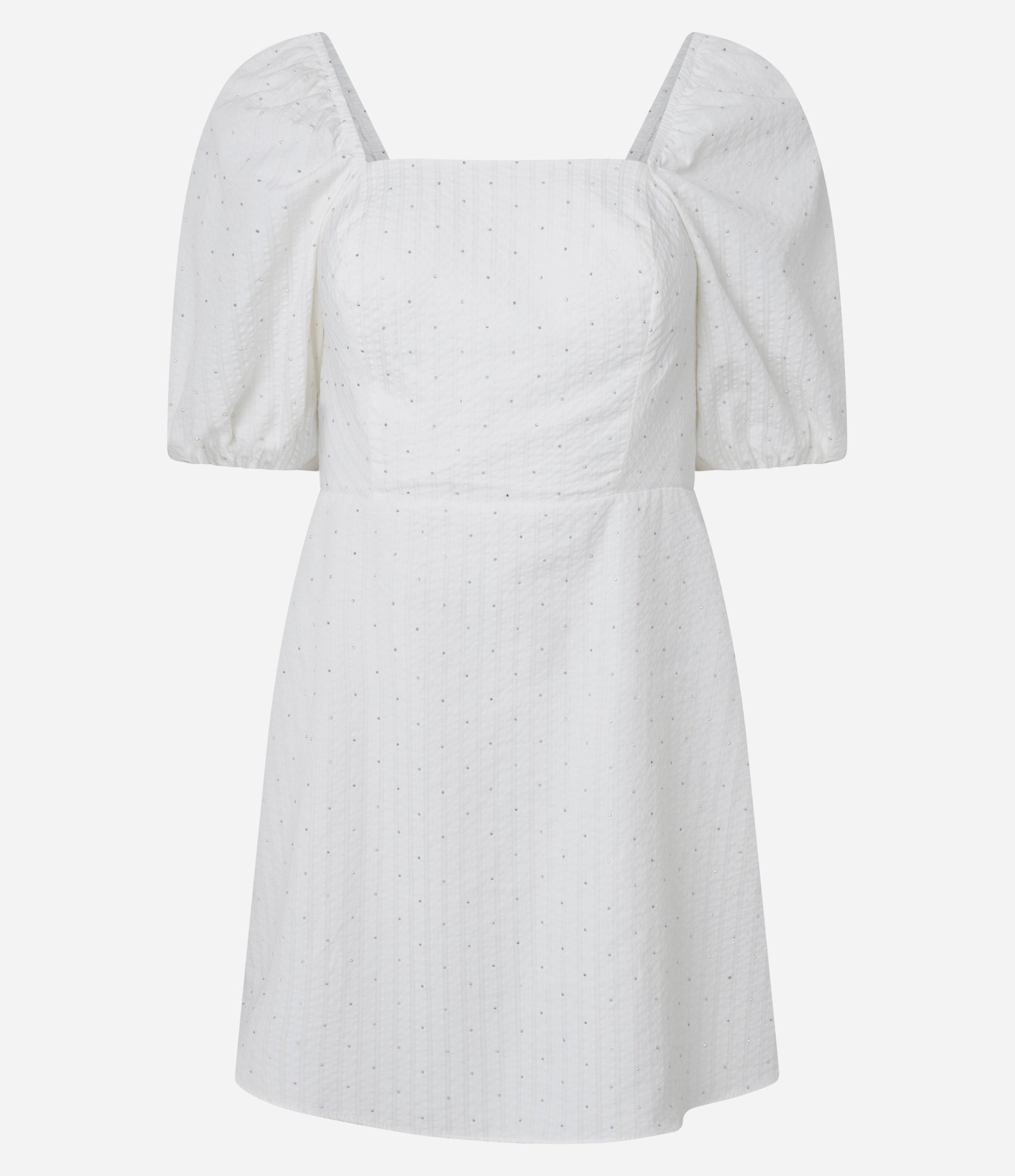 Vestido Curto em Tricoline Listrado com Manga Bufante e Brilhinhos Branco 1